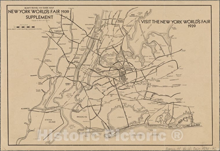 Historic 1939 Map - Blum'S Travel And Guide Map New York World'S Fair 1939 Supplementof New York City And State - Queens - Vintage Wall Art