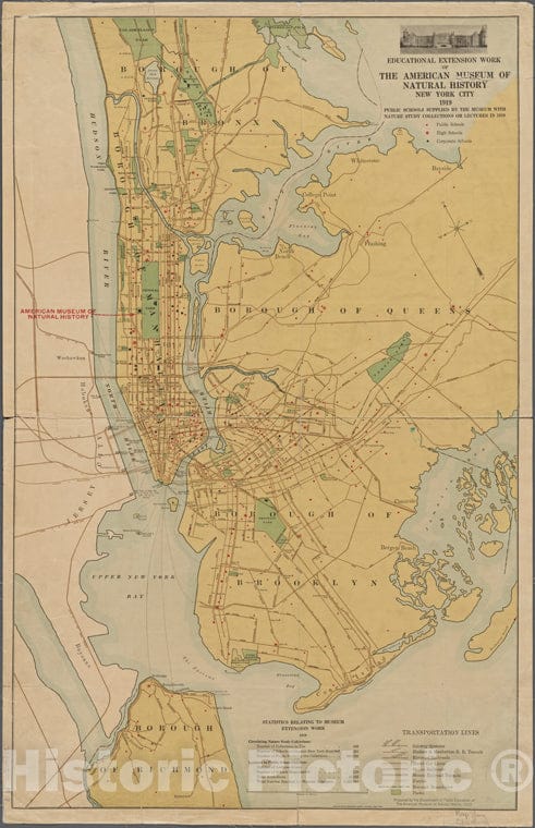 Historic 1919 Map - Educational Extension Work Of The Ameriocan Museum Of Natrural Hof New York City And State - Manhattan - Vintage Wall Art