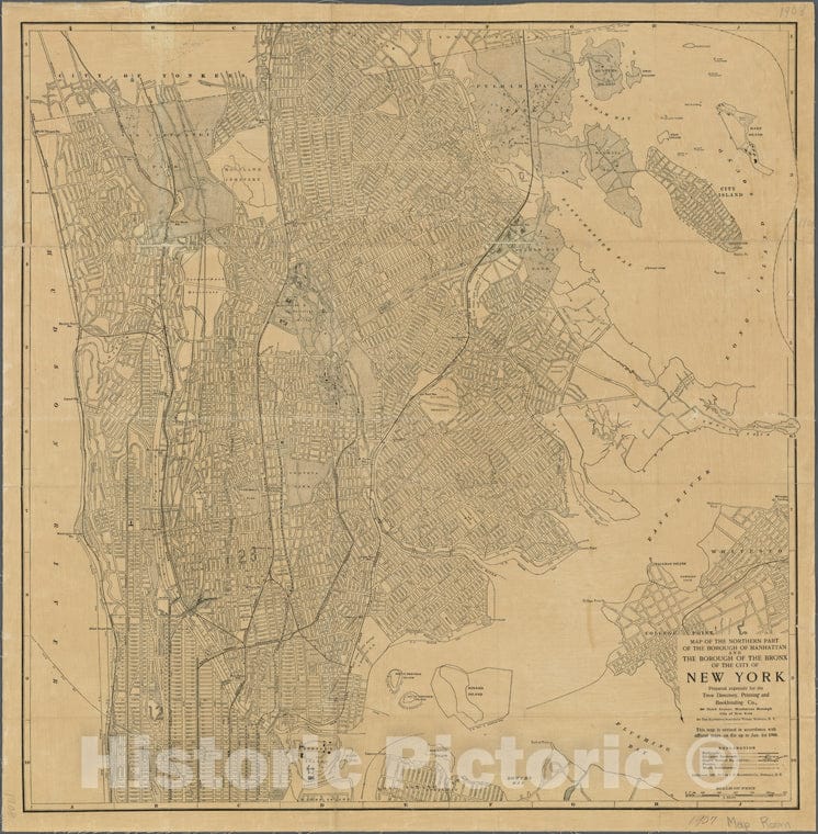 Historic 1907 Map - Map Of The Northern Part Of The Borough Of Manhattan And The Borof New York City And State - Manhattan - Vintage Wall Art