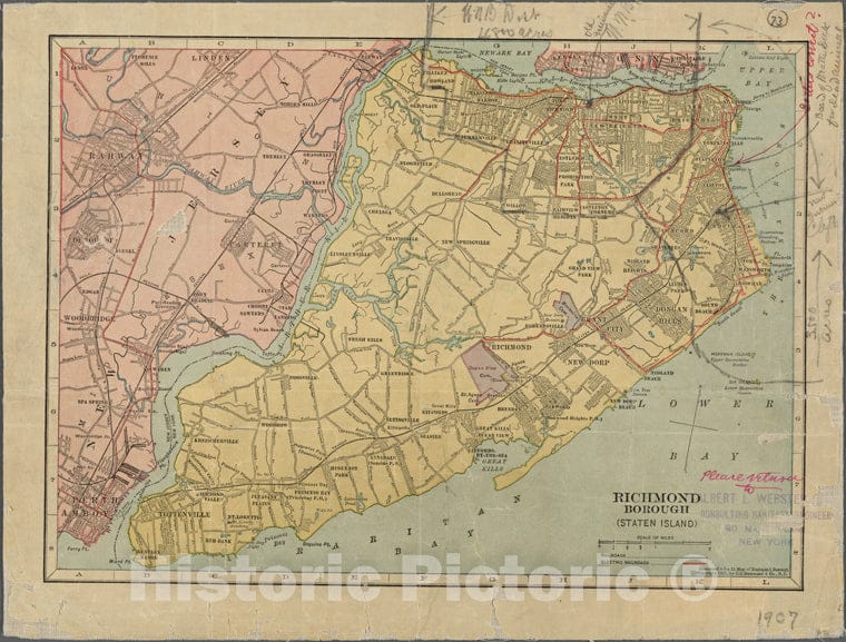 Historic 1907 Map - Map Of Richmond Borough.Of New York City And State - Staten Island - Vintage Wall Art