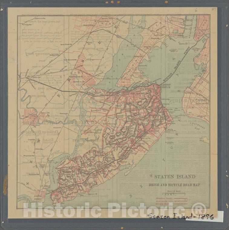 Historic 1896 Map - Staten Island Drive And Bicycle Road Map. Time Tables And Other Information On The Back.Of New York City And State - Staten Island - Vintage Wall Art