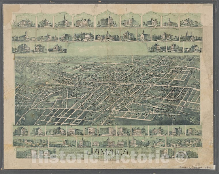 Historic Map - 1895 Queens, New York City, Bird'S Eye View Of Jamaica. Border Views Of Important Buildings - Vintage Wall Art