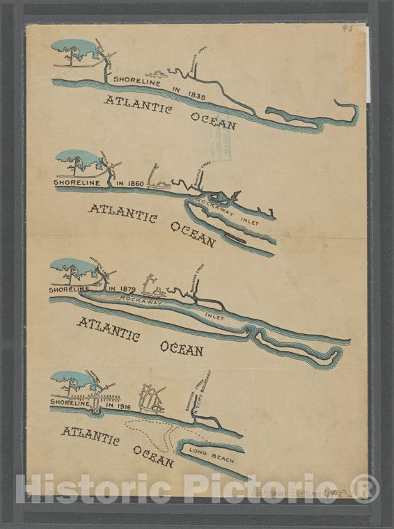 Historic 1918 Map - Rockaway, Queens, N.Y. [Four Maps Showing The Shoreline Of Rockaway In 1835, 1860, 1879, 1916.] Of New York City And State - Queens - Vintage Wall Art