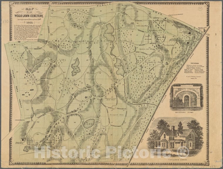 Historic 1870 Map - Map Of The Woodlawn Cemetery.Of New York City And State - Bronx - Vintage Wall Art