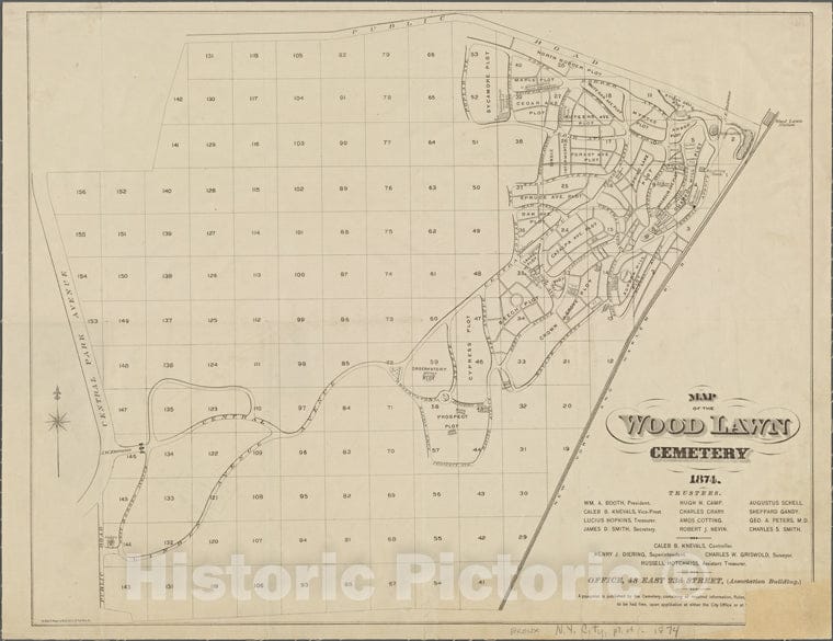 Historic 1874 Map - Map Of The Woodlawn Cemetery.Of New York City And State - Bronx - Vintage Wall Art