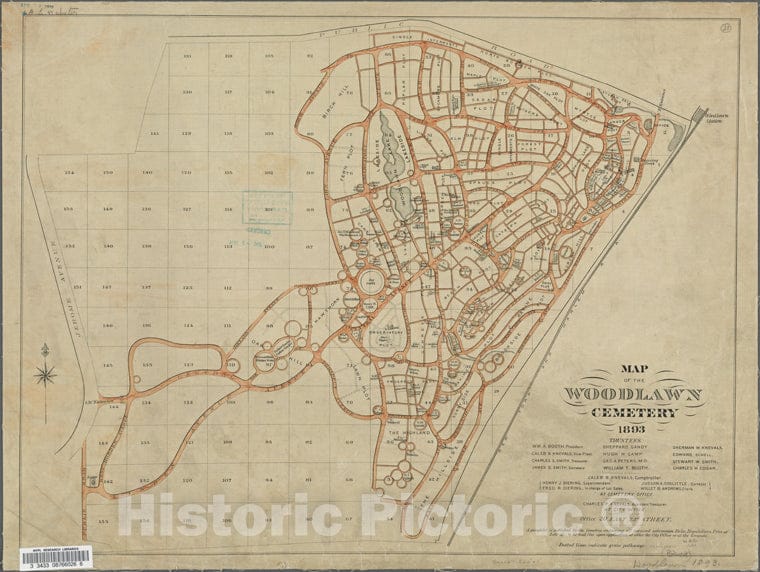 Historic 1893 Map - Woodlawn Cemetery [With A List Of Directors, Etc.] Of New York City And State - Bronx - Vintage Wall Art