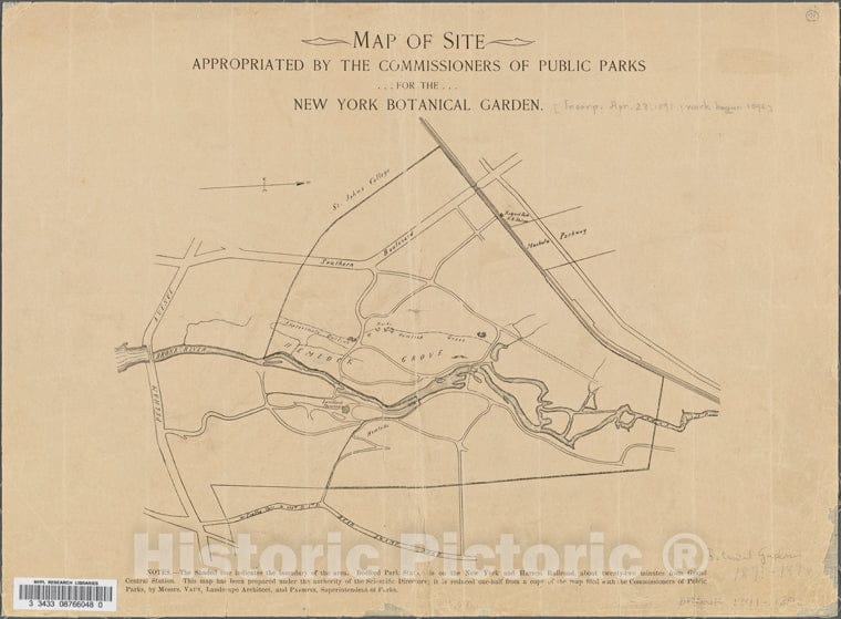 Historic 1896 Map - Map Of Site Approriated By The Commissioners Of Public Parks For The New York Botanical Garden.Of New York City And State - Bronx - Vintage Wall Art