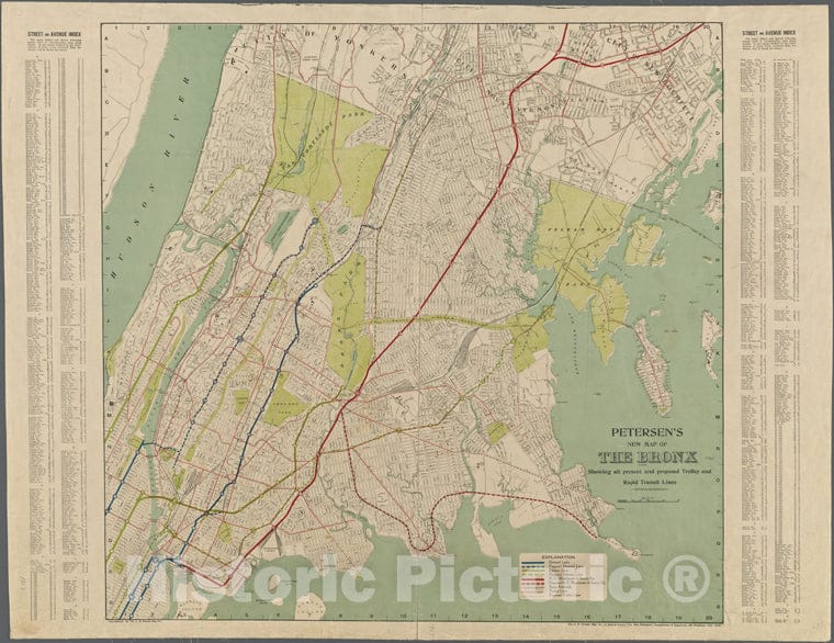 Historic 1917 Map - Petersen'S New Map Of The Bronx, Showing All Present And Proposed Trolley And Rapid Transit Lines.Of New York City And State - Bronx - Vintage Wall Art