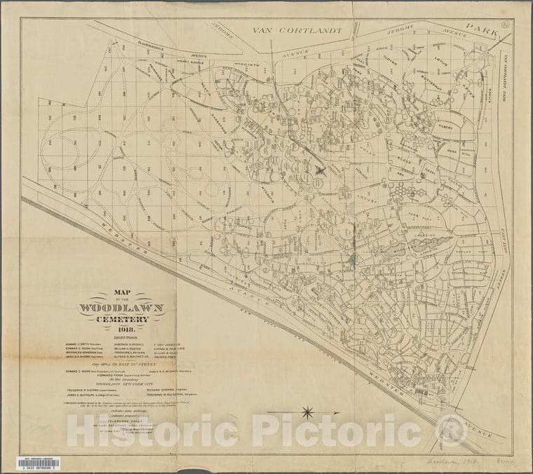 Historic 1918 Map - Map Of The Woodlawn Cemetery.Of New York City And State - Bronx - Vintage Wall Art