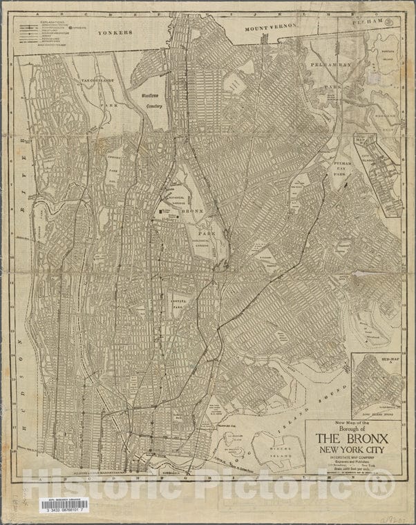 Historic 1920 Map - New Map Of The Borough Of The Bronx.Of New York City And State - Bronx - Vintage Wall Art