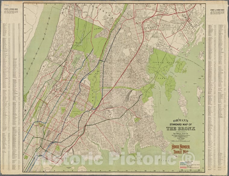 Historic 1922 Map - Ohman'S Standard Map Of The Bronx. House Numbers And Transit Map.Of New York City And State - Bronx - Vintage Wall Art