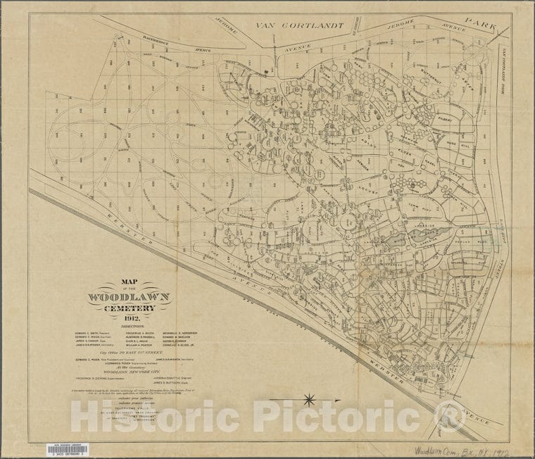 Historic 1912 Map - Map Of The Woodlawn Cemetery.Of New York City And State - Bronx - Vintage Wall Art