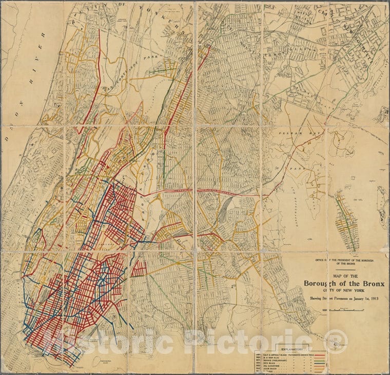 Historic 1913 Map - Map Of The Borough Of The Bronx, City Of New York, Showing Street Pavements On January 1St, 1913.Of New York City And State - Bronx - Vintage Wall Art