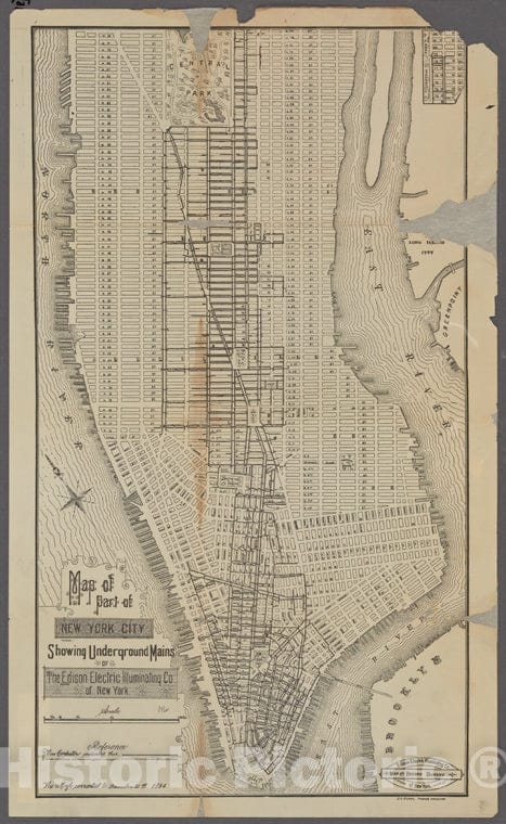 Historic Map - 1895 Manhattan (New York, N.Y.), Map Of Part Of New York City Showing Underground Mains Of The Edison Electric Illuminating Co. Of New York - Vintage Wall Art