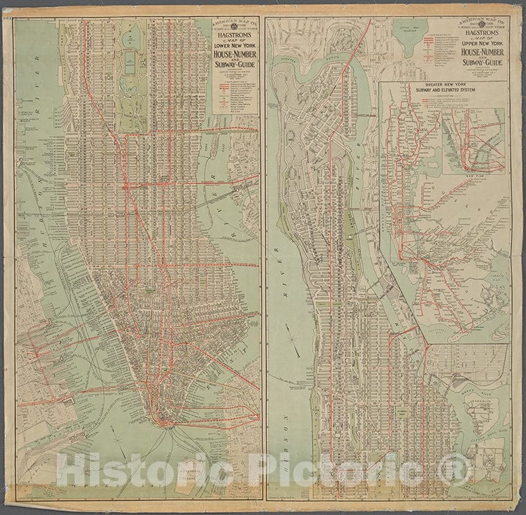 Historic 1920 Map - Hagstrom'S Map Of Lower New York, House-Numberand Subway Guide.Of New York City And State - Manhattan - Vintage Wall Art