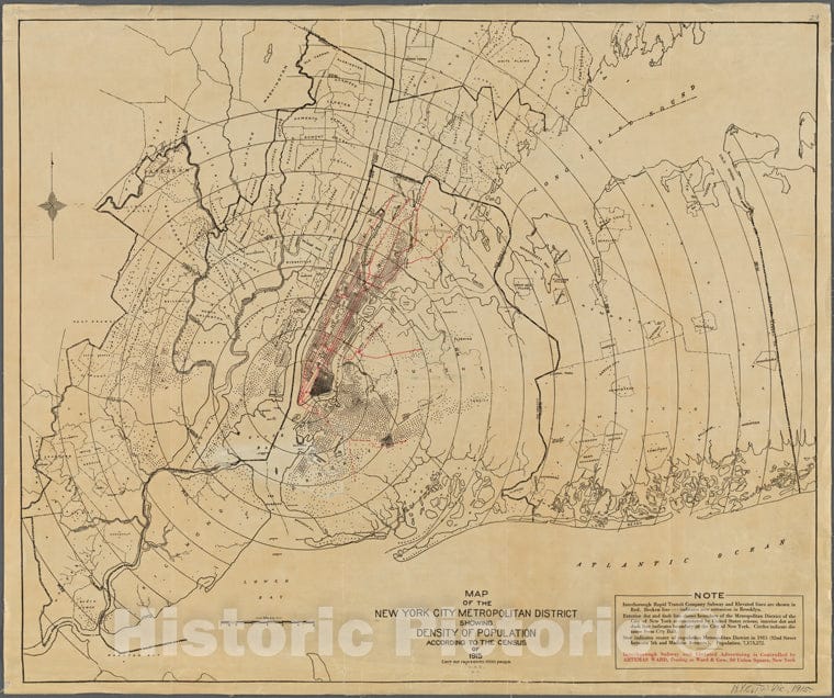 Historic Map - 1915 Map Of The New York City Metropolitan District Showing Density Of Population According To The Census Of 1915. - Vintage Wall Art