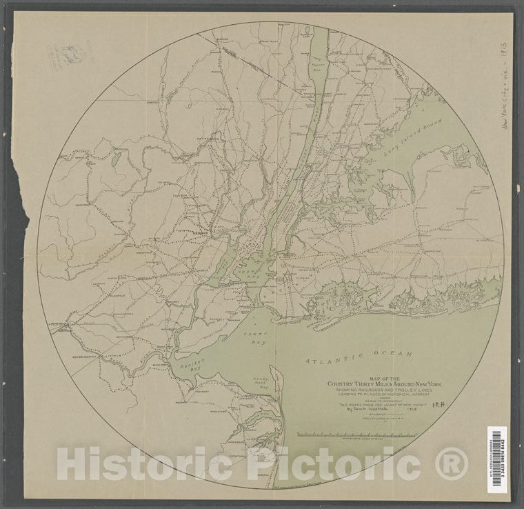 Historic 1915 Map - Map Of The Country Thirty Miles Around New York Showing Railroadof New York City And State - New York City & Vicinity - Vintage Wall Art