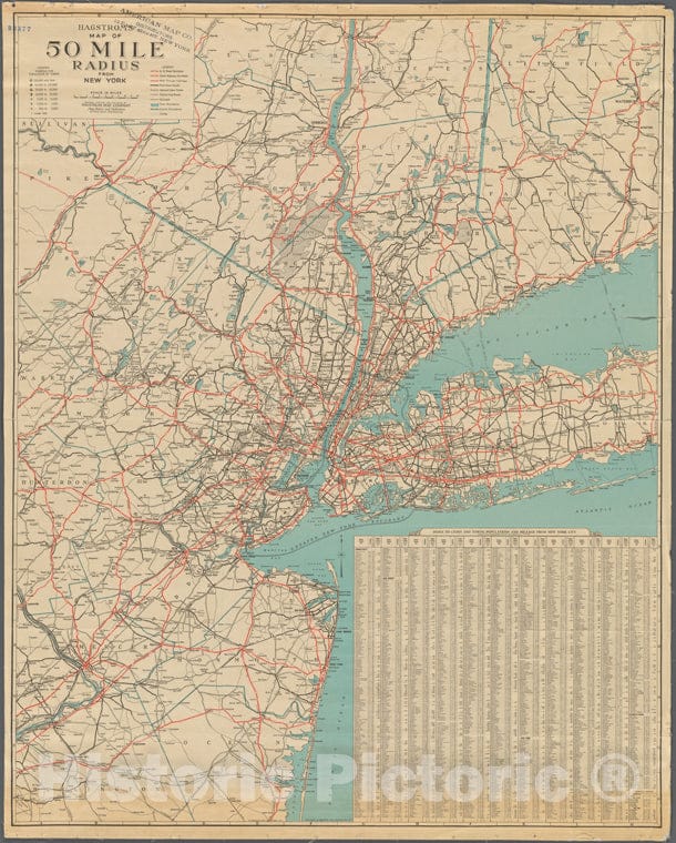 Historic 1920 Map - Hagstrom'S Map Of 50 Mile Radius From New York.Of New York City And State - New York City & Vicinity - Vintage Wall Art