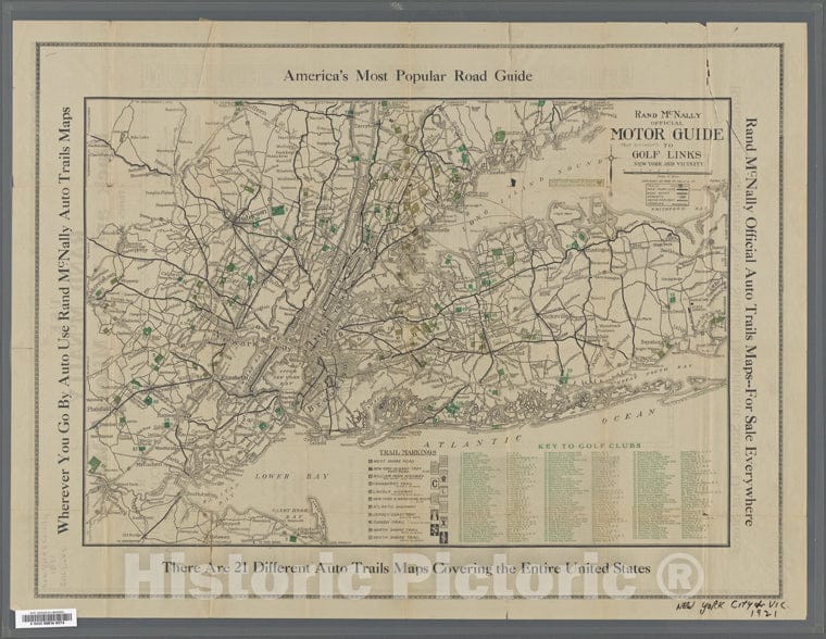 Historic Map - 1921 Official Motor Guide To Golf Links, New York City And Vicinity, Showing Parts Of N. J, Conn, And Long Island. - Vintage Wall Art