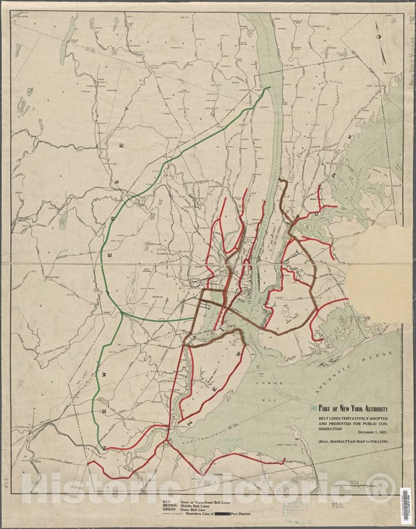 Historic 1921 Map - Belt Lines Tentatively Adopted And Presented For Public Consideration.Of New York City And State - New York City & Vicinity - Vintage Wall Art