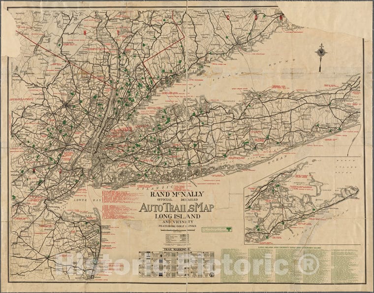 Historic 1921 Map - Rand Mcnally Official Detailed Autotrailsmap, Long Island Featuring Golf Links.Of New York City And State - New York City & Vicinity - Vintage Wall Art