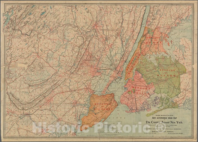 Historic 1904 Map - New Automobile Road Map Of The Country Around New York, Includinof New York City And State - New York City & Vicinity - Vintage Wall Art