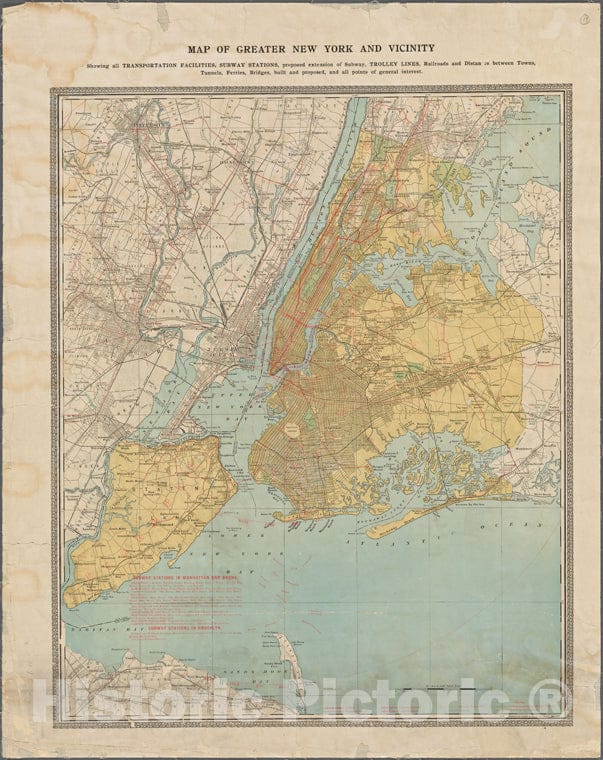 Historic 1907 Map - Map Of Greater New York And Vicinity Showing All Transportationof New York City And State - New York City & Vicinity - Vintage Wall Art