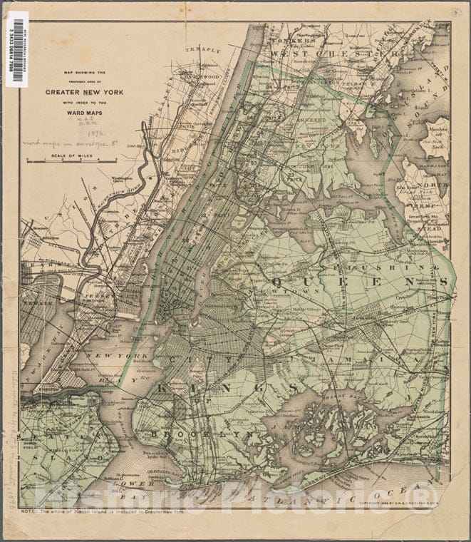 Historic 1896 Map - Map Showing The Proposed Area Of Greater New York, With Index To The Ward Maps.Of New York City And State - New York City & Vicinity - Vintage Wall Art