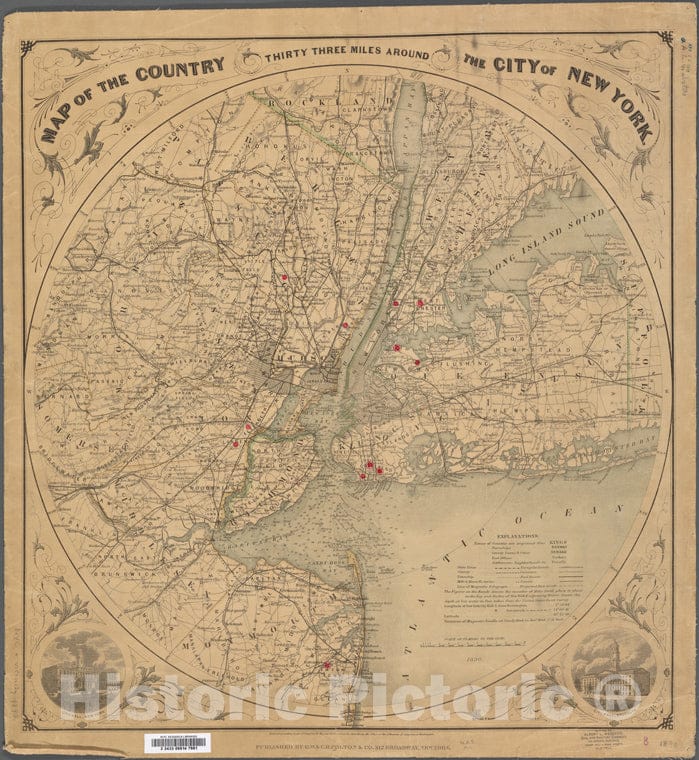 Historic 1890 Map - Map Of The Country Thirty-Three Miles Around The City Of New York.Of New York City And State - New York City & Vicinity - Vintage Wall Art