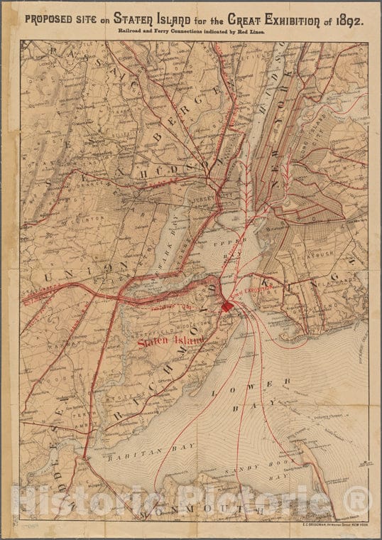 Historic 1892 Map - Proposed Site On Staten Island For The Great Exhibition Of 1892.Of New York City And State - New York City & Vicinity - Vintage Wall Art