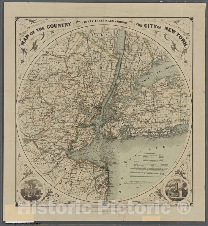 Historic 1893 Map - Map Of The Country Thirty-Three Miles Around The City Of New York.Of New York City And State - New York City & Vicinity - Vintage Wall Art