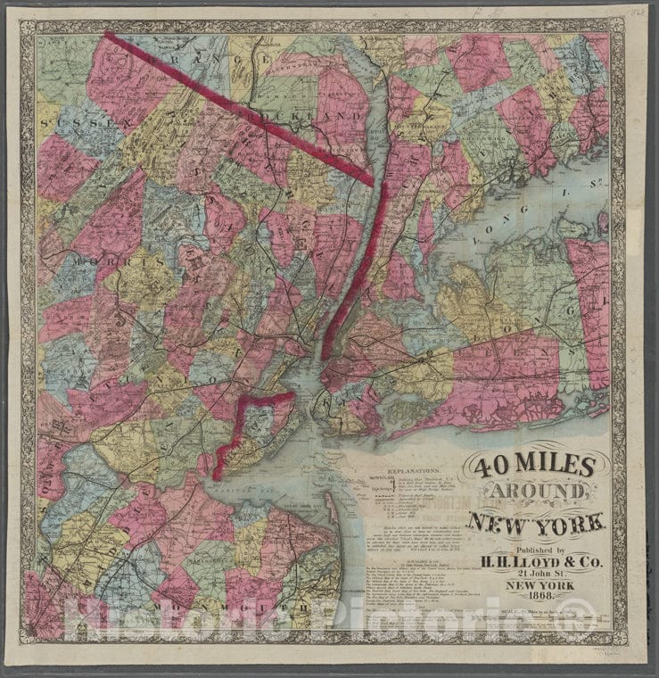 Historic 1868 Map - 40 Miles Around New York. H. H. Lloyd'S New Map Of The Great Metropolis On Verso.Of New York City And State - New York City & Vicinity - Vintage Wall Art