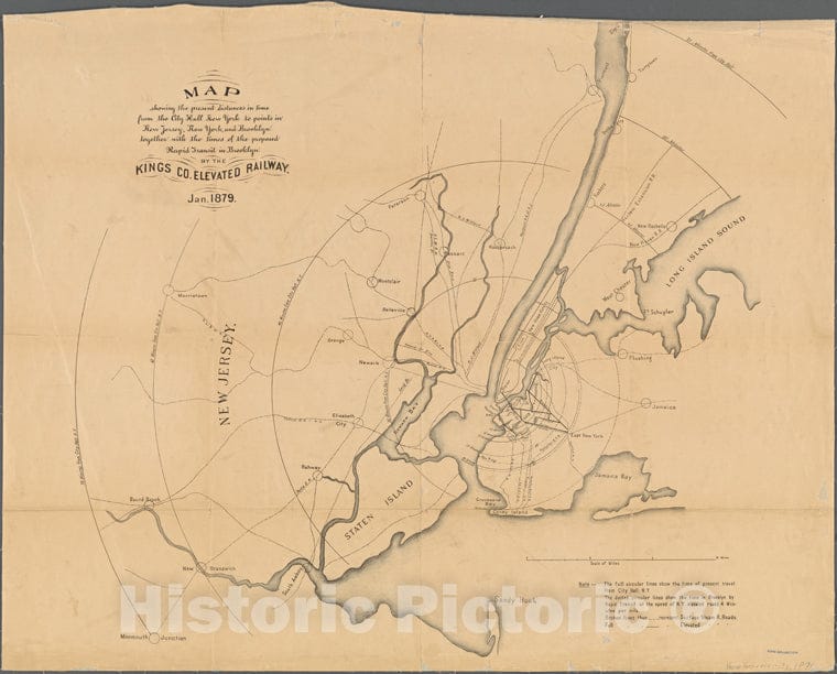 Historic 1876 Map - Map Showing The Present Distances In Time From The City Hall Newof New York City And State - New York City & Vicinity - Vintage Wall Art