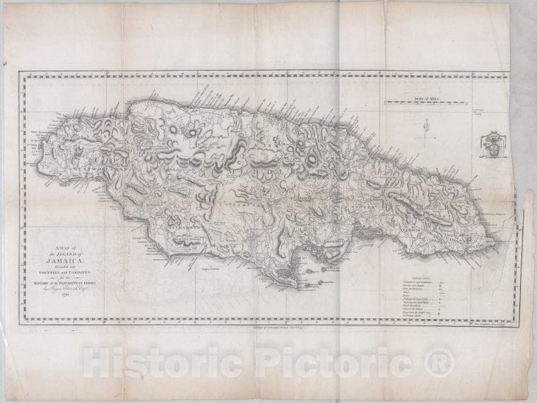 Historic 1794 Map - A Map Of The Island Of Jamaica, Divided Into Counties And Parishes, For The History Of The British West Indies By Bryan Edward - - Vintage Wall Art