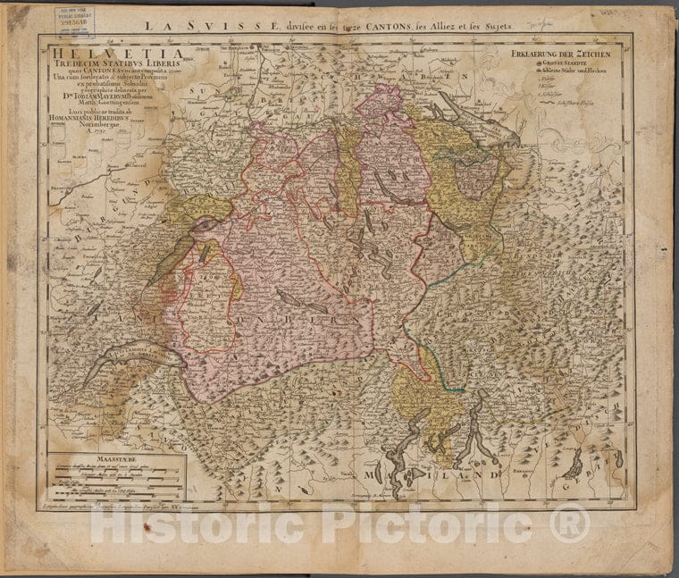 Historic 1751 Map - La Suisse Divisee En Ses Treze Cantons, Ses Alliez & Ses Sujets - Italy - Switzerlandof Switzerland And Italy - Vintage Wall Art