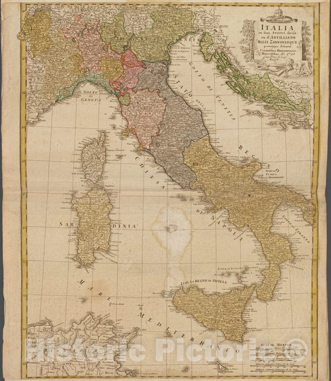 Historic 1790 Map - Italia In Sous Status Divisa - Italy - Switzerlandof Switzerland And Italy - Vintage Wall Art