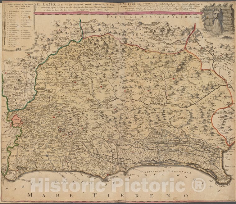 Historic 1745 Map - Il Lazio Con Le Sue Piu Cospicue Strade Antiche E Moderne - Italy - Switzerlandof Switzerland And Italy - Vintage Wall Art