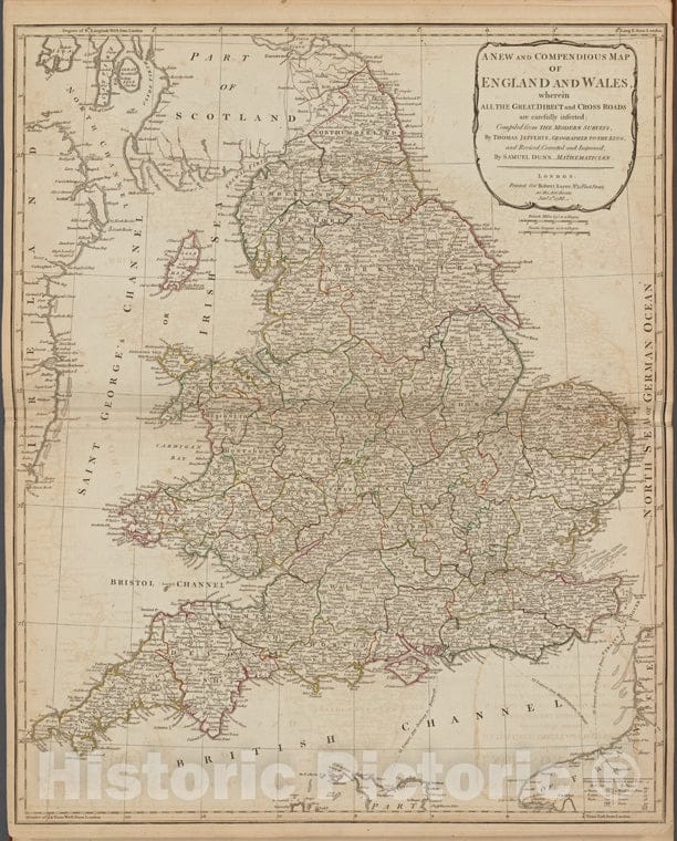 Historic 1788 Map - A New And Compendious Map Of England And Wales, Wherein All The - Vintage Wall Art