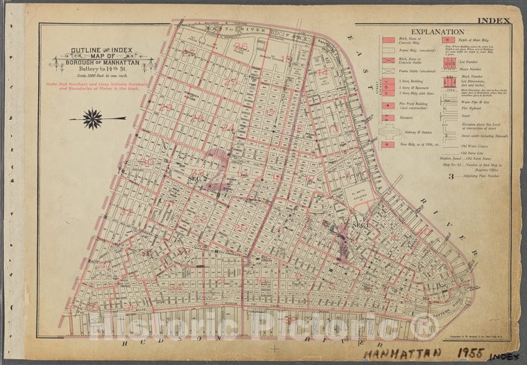 Historic 1955 Map - Outline And Index Map Of Borough Of Manhattan. Battery To 14Th S - Vintage Wall Art