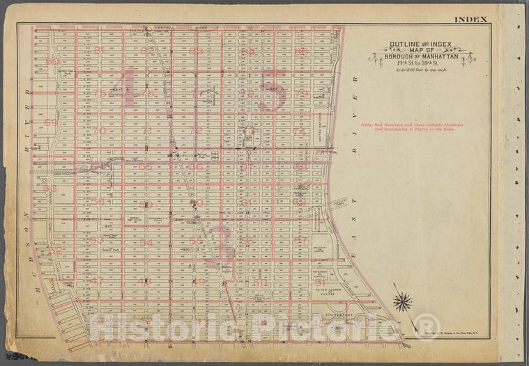 Historic 1955 Map - Outline And Index Map Of Borough Of Manhattan. 14Th St. To 59Th - Vintage Wall Art