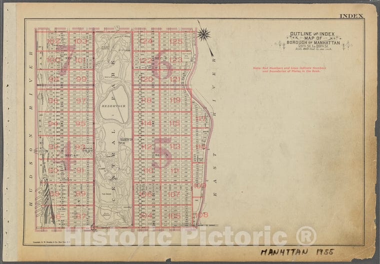 Historic 1955 Map - Outline And Index Map Of Borough Of Manhattan. 59Th St. To 110Th - Vintage Wall Art