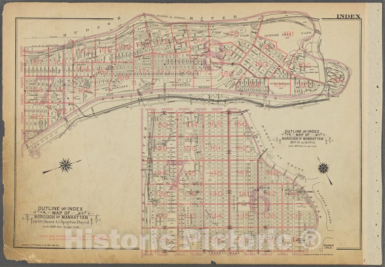 Historic 1955 Map - Outline And Index Map Of Borough Of Manhattan. 110Th St. To 145T - Vintage Wall Art