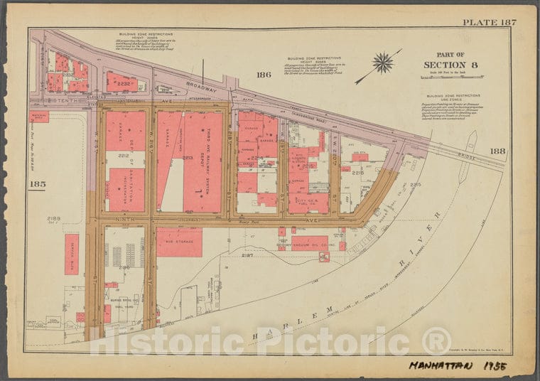 Historic 1955 Map - Plate 187, Part Of Section 8: [Bounded By Broadway, (Harlem Rive - Vintage Wall Art