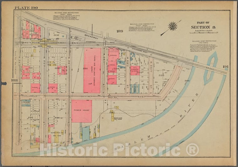 Historic 1925 Map - Plate 190, Part Of Section 8: [Bounded By Broadway, (Harlem Rive - Vintage Wall Art