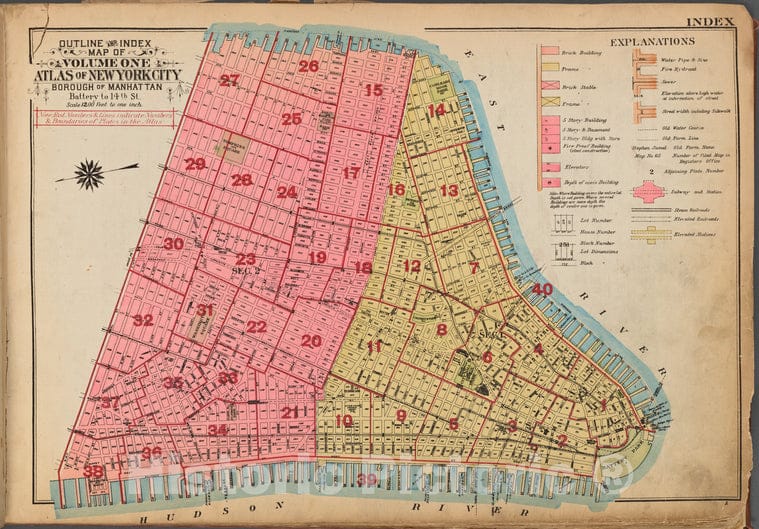 Historic 1921 Map - Outline And Index Map Of Volume One, Atlas Of New York City, Bor - Vintage Wall Art