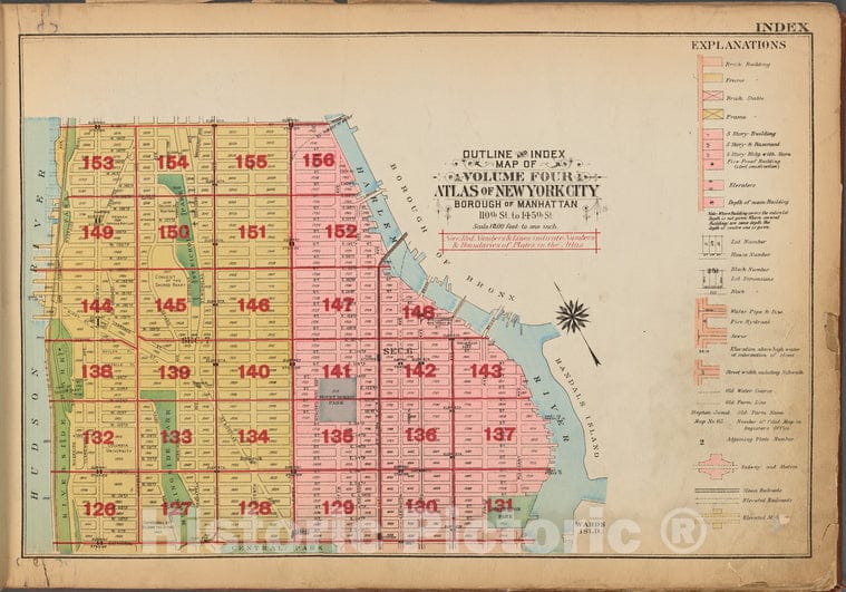 Historic 1921 Map - Outline And Index Map Of Volume Four, Atlas Of New York City, Bo - Vintage Wall Art