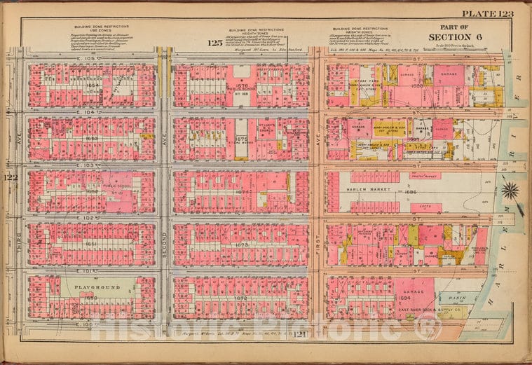 Historic 1921 Map - Plate 123: [Bounded By E. 105Th Street, (Harlem River) First Ave - Vintage Wall Art