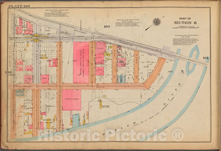 Historic 1921 Map - Plate 190: [Bounded By Broadway, (Harlem River) Columbus Avenue - Vintage Wall Art