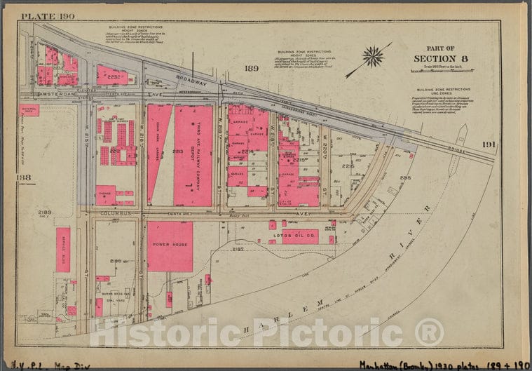 Historic 1930 Map - Plate 190, Part Of Section 8: [Bounded By Broadway, (Harlem Rive - Vintage Wall Art