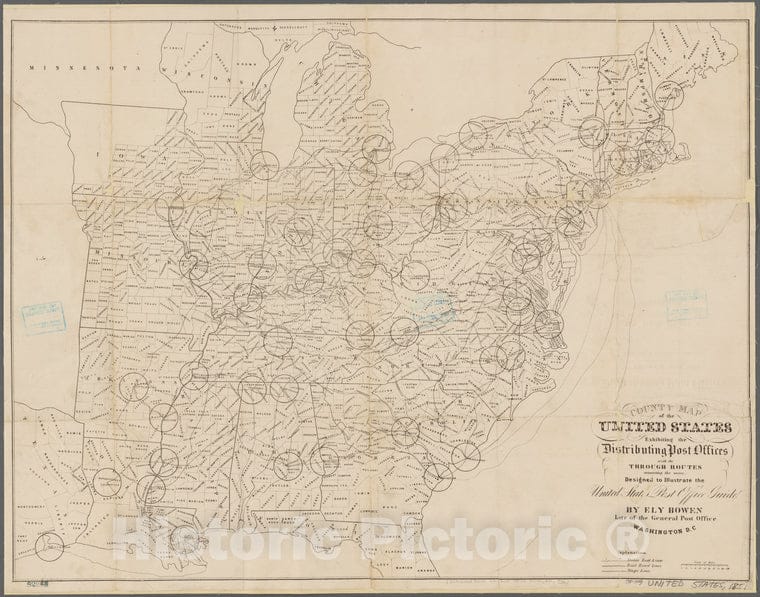 Historic 1851 Map - County Map Of The United States Exhibiting The Distributing Post - United Statesmaps Of North America. - Vintage Wall Art